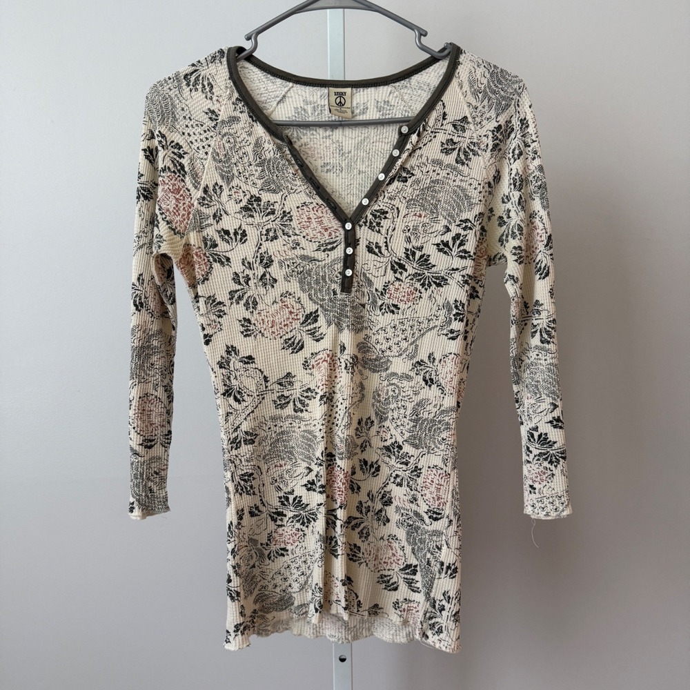 Lucky Cotton Boho Y2K Floral Waffle Knit Henley Top S Cream